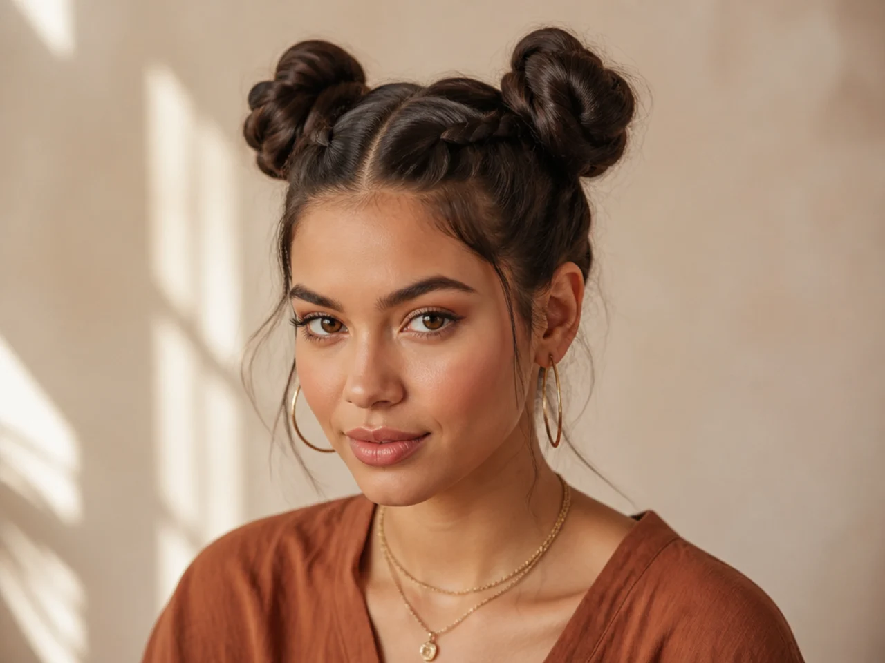 Braids leading into two high space buns