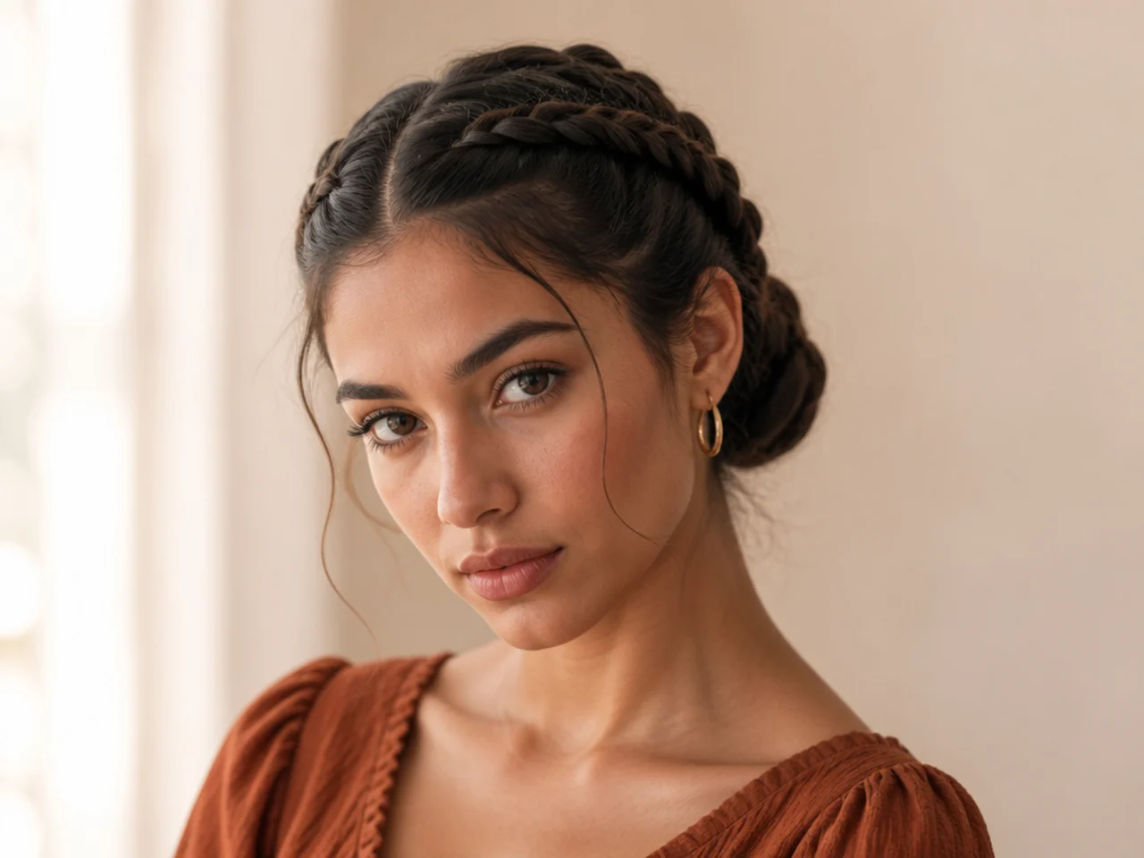 Two French braids gathered into a bun