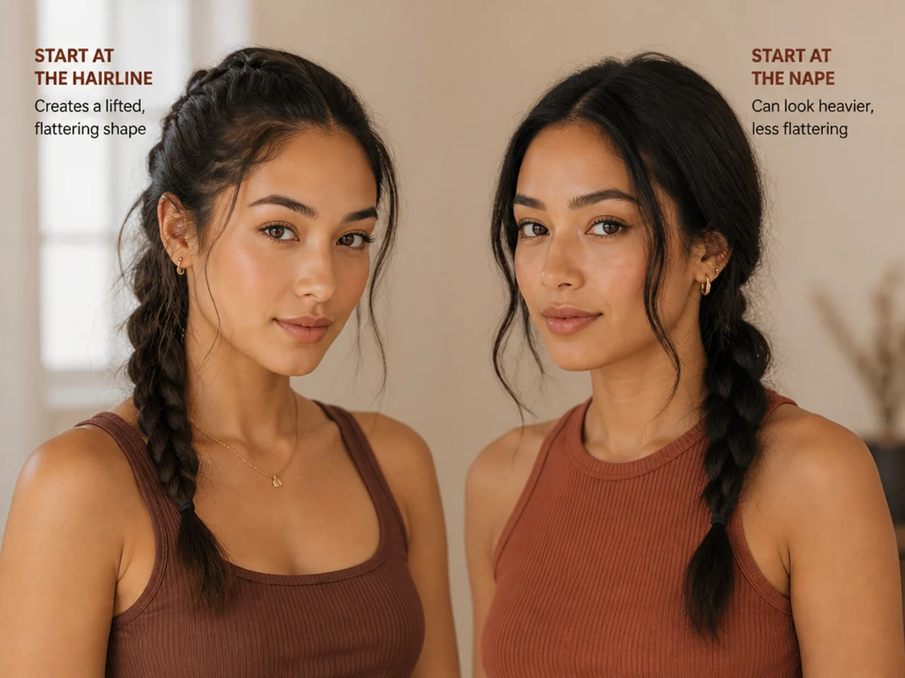 A braid from the hairline compared with one started at the nape