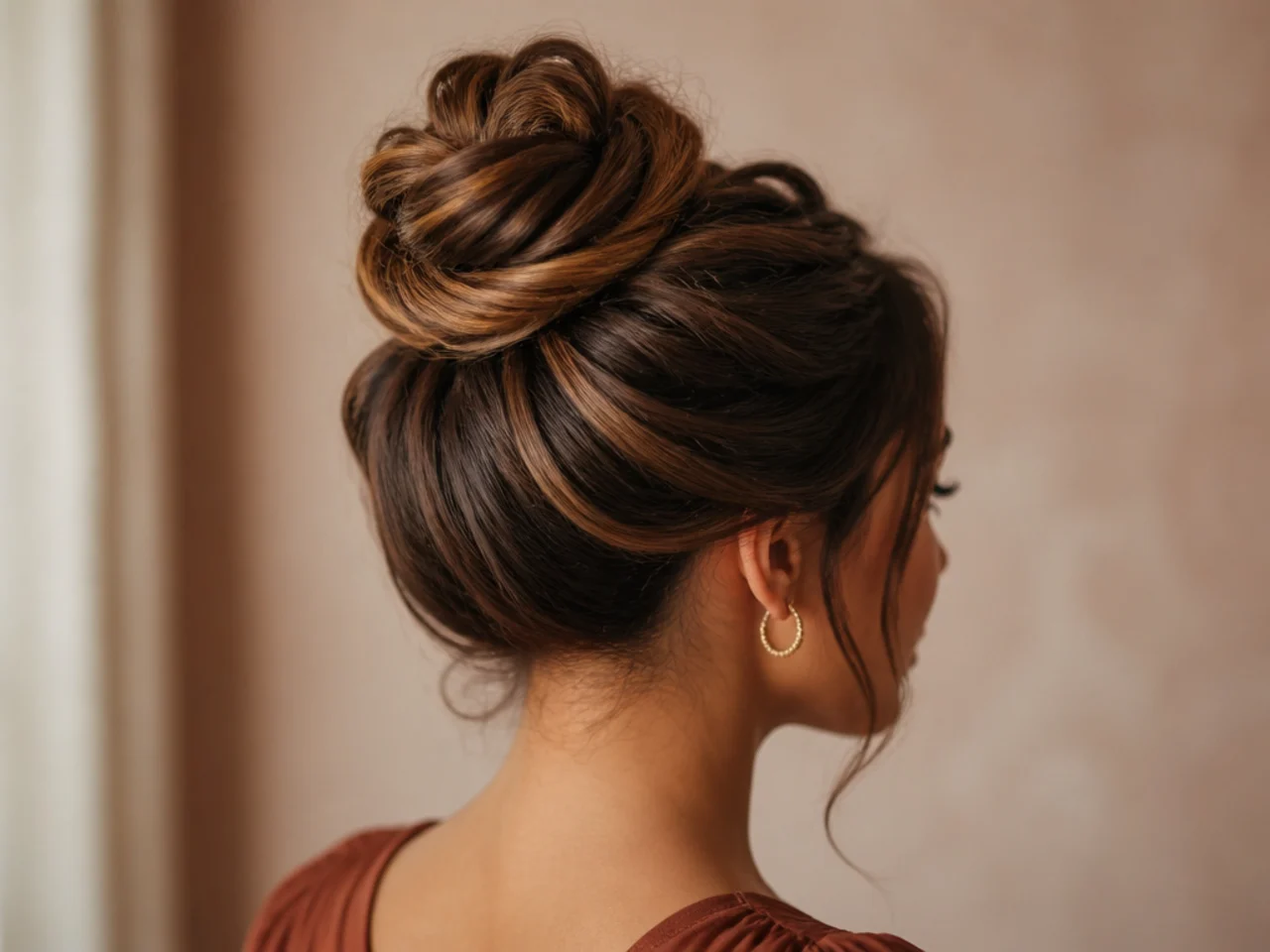 Long hair wrapped around the crown