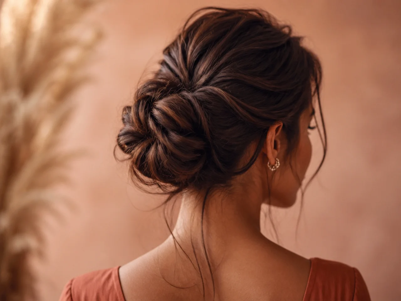 A folded messy bun on long hair