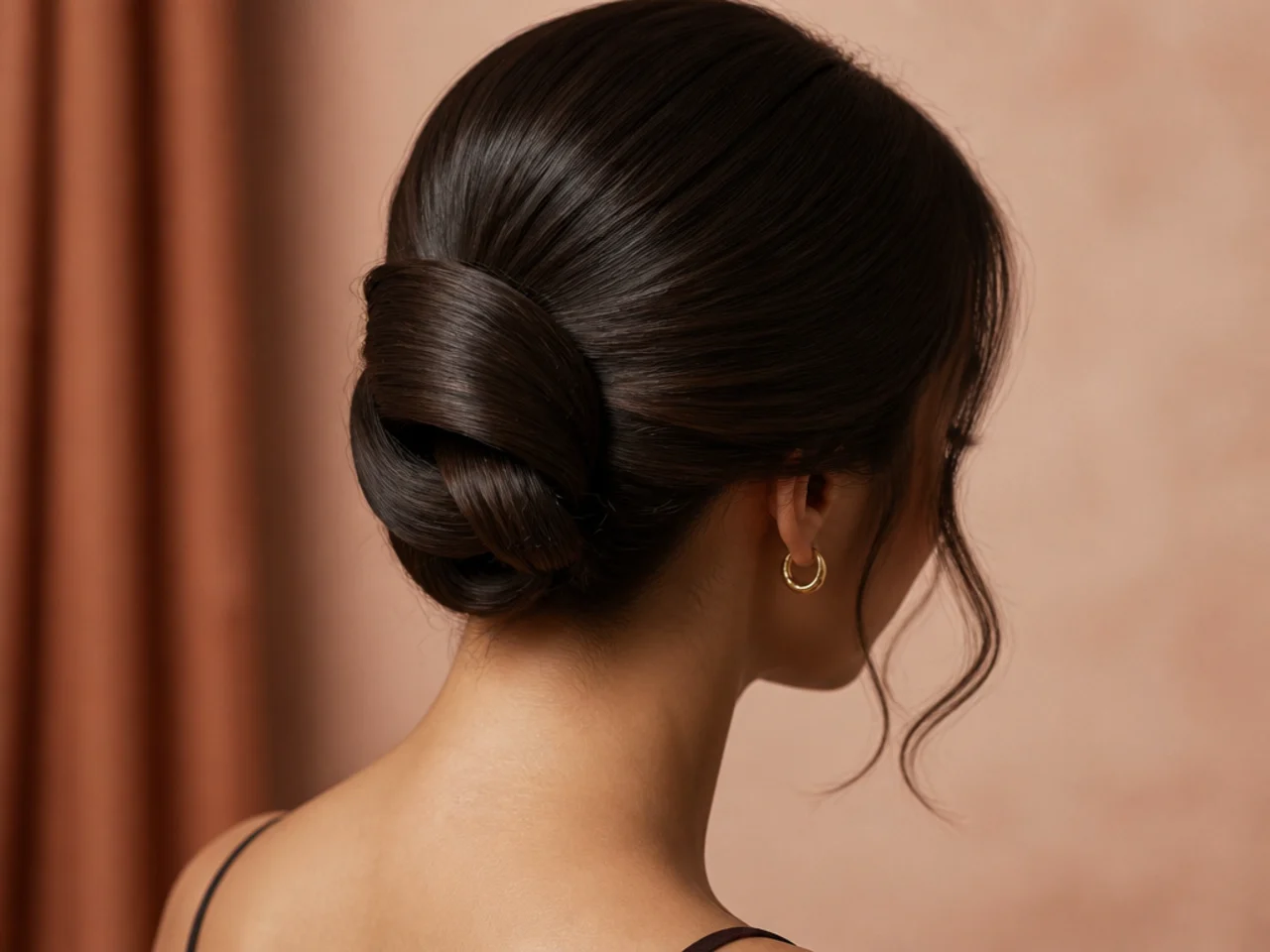A sleek folded chignon on long hair