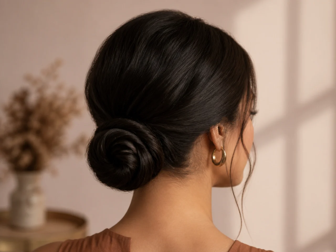 A flat coiled chignon on long hair