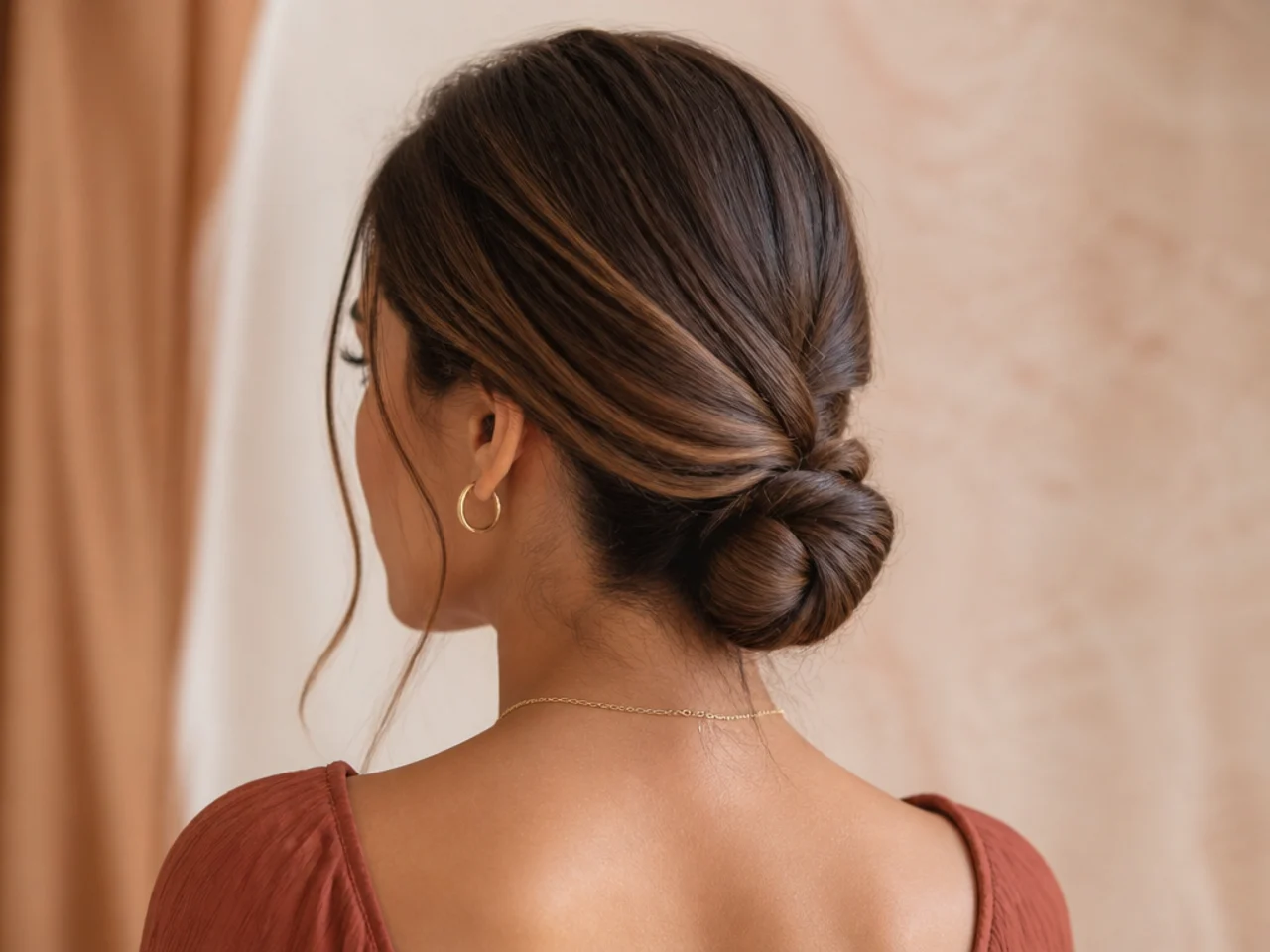 A low bun on long hair with two anchors