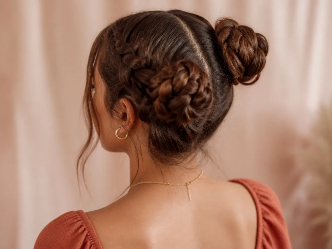 Two braided buns on long hair