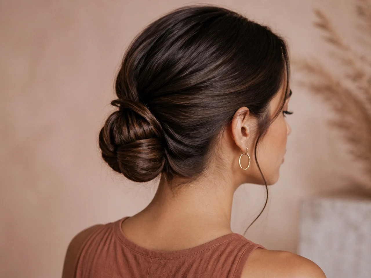 Three-quarter view of a compact long-hair bun