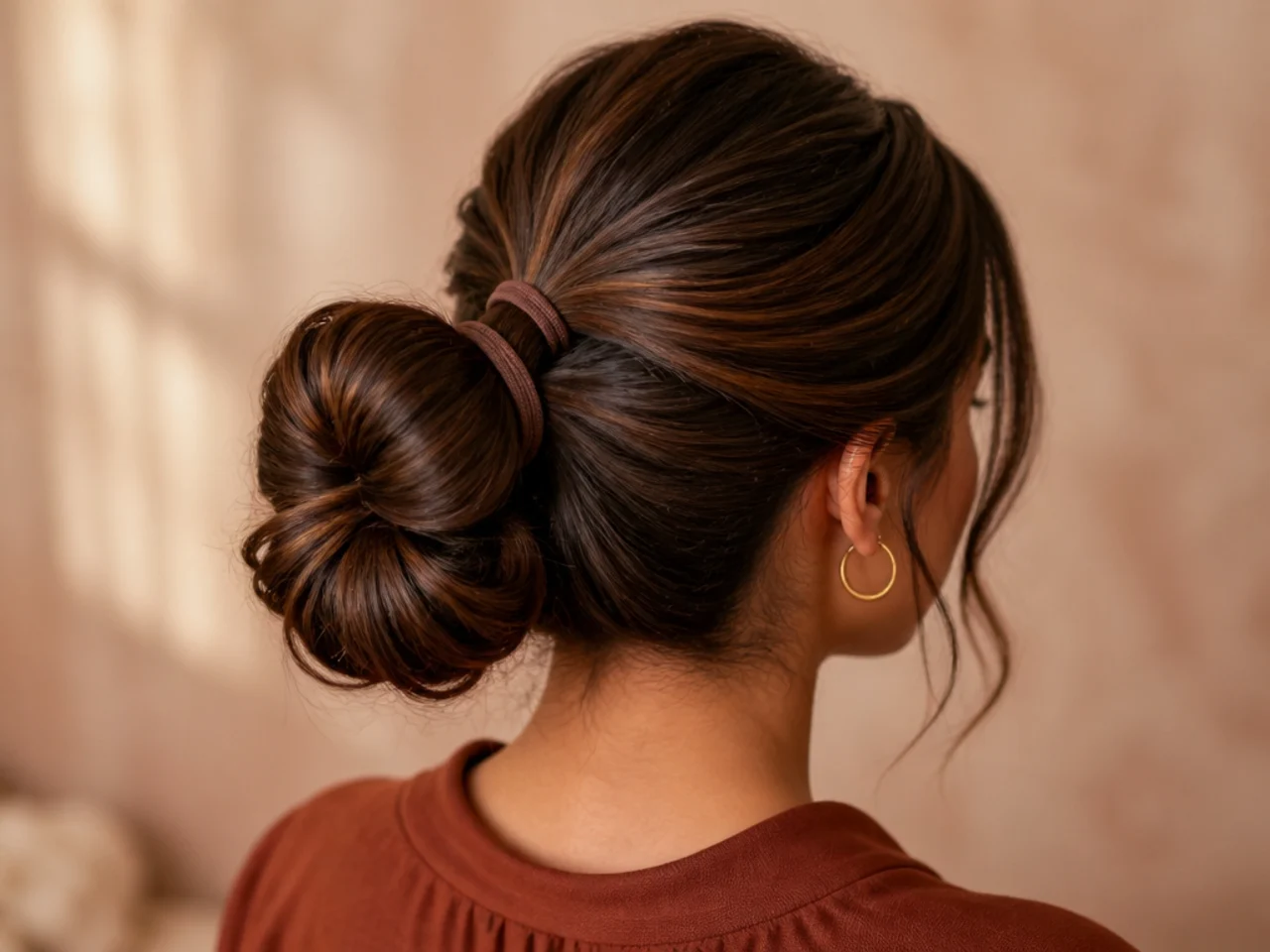 Two ties spreading the weight of a long-hair bun