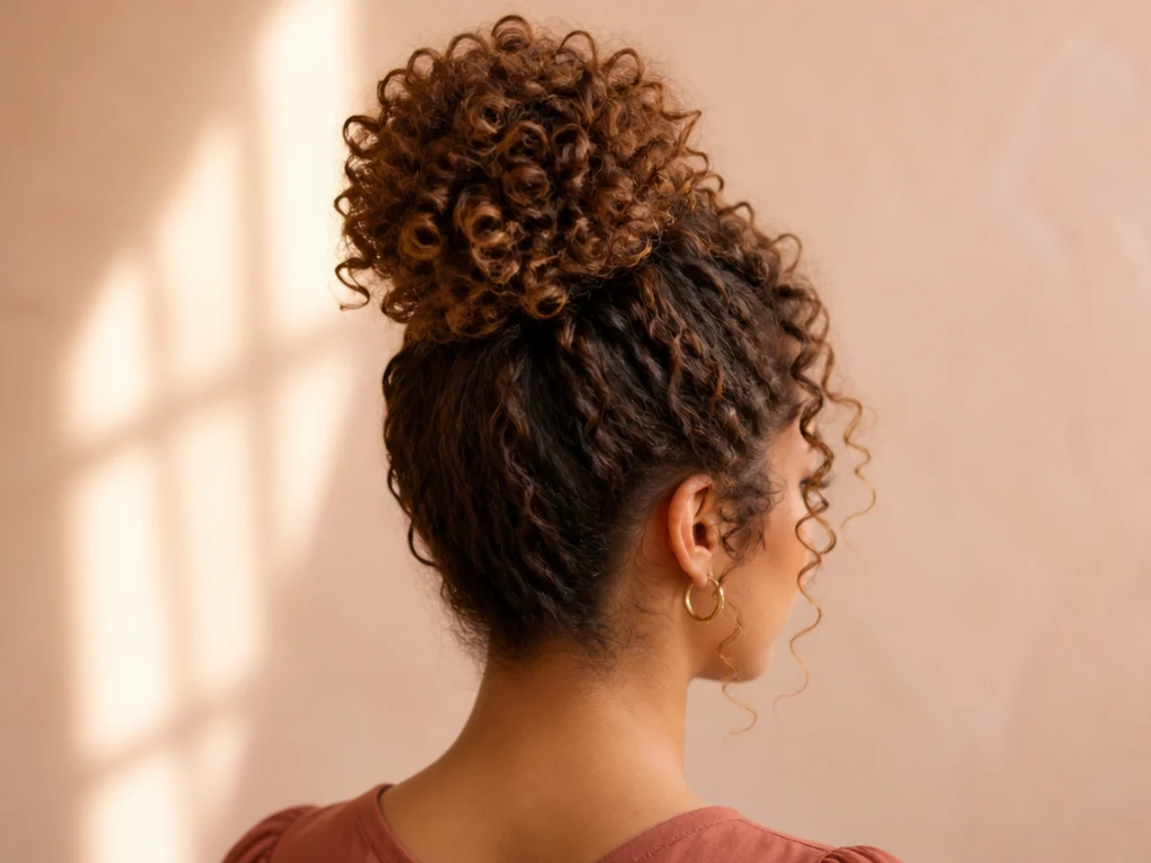 A high pineapple bun on curly hair