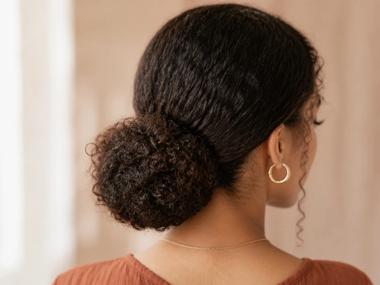 A low puff bun on curly hair