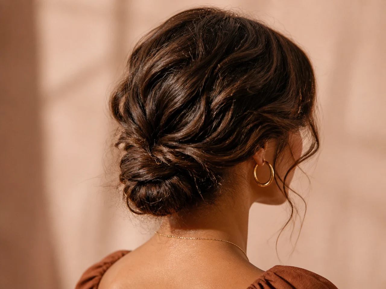 A twisted low bun on wavy hair