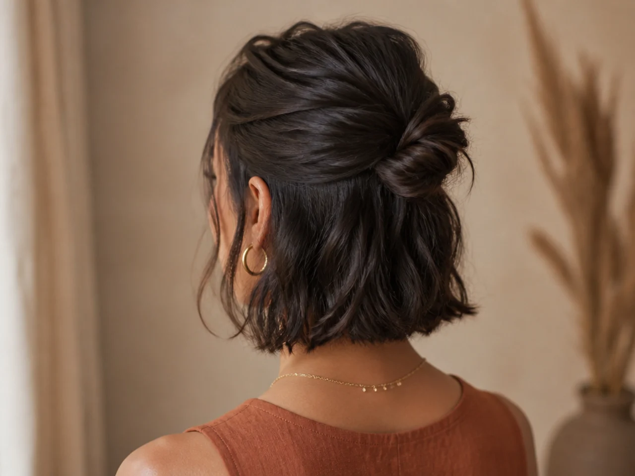 A partial bun on short hair