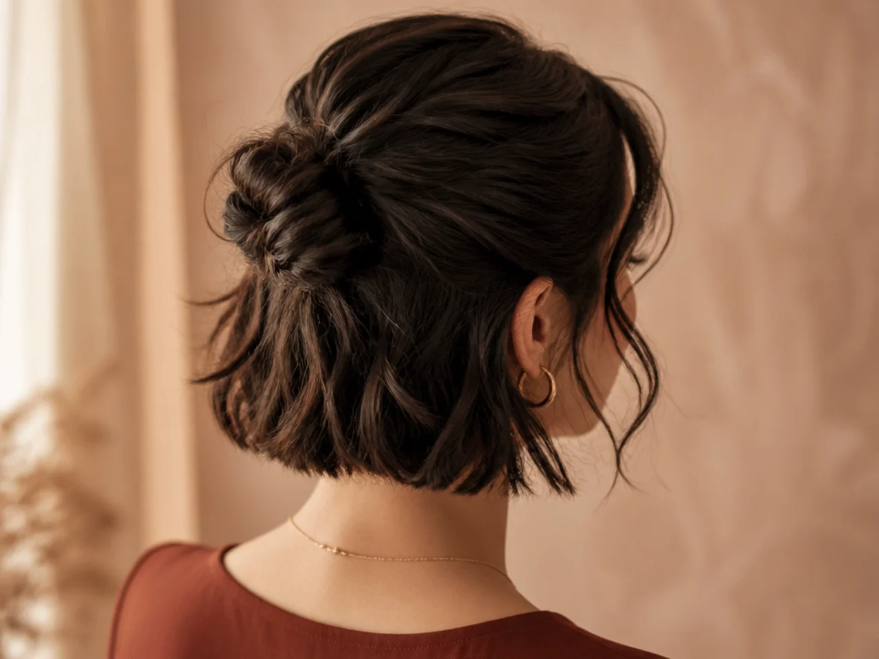 A pinned half bun on short hair