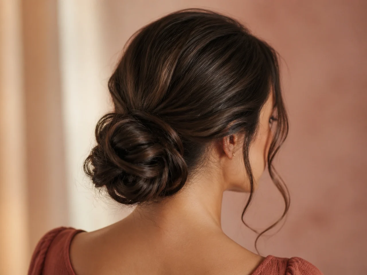 A wound and pinned bun on long hair