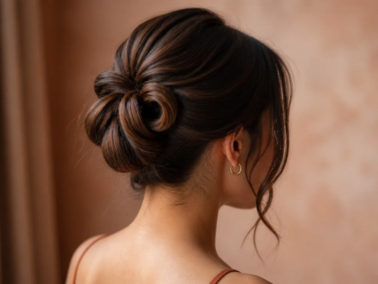 A double-loop bun on long hair