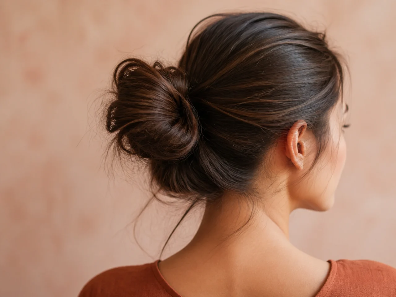 A bun slipping out of clean fine hair