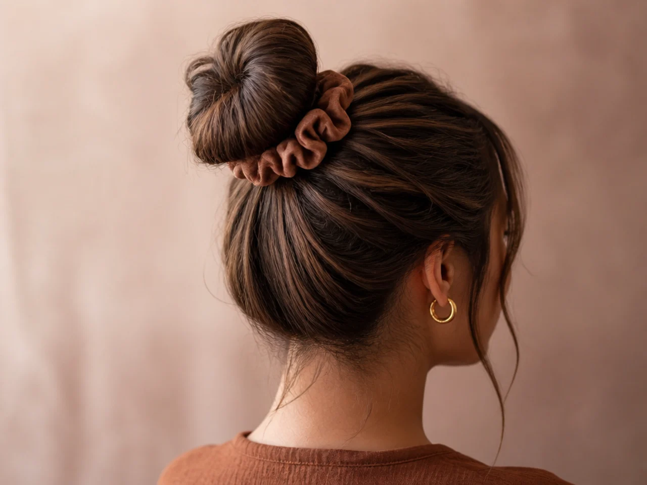 A bun on fine hair secured with a scrunchie