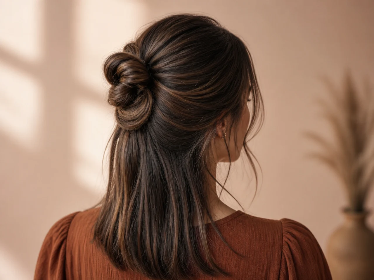 A looped half bun on fine hair