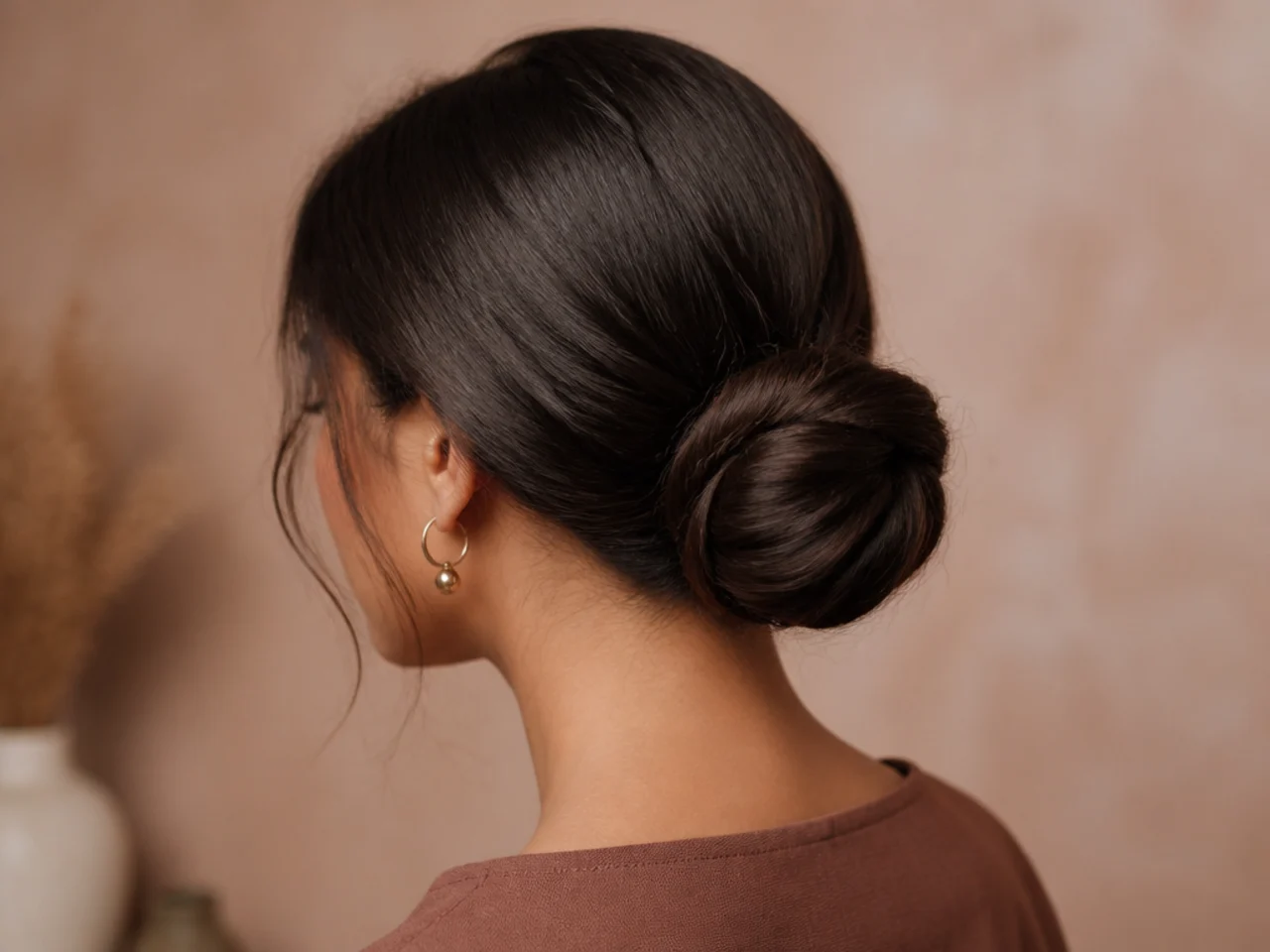 A flat pinned bun on thick hair