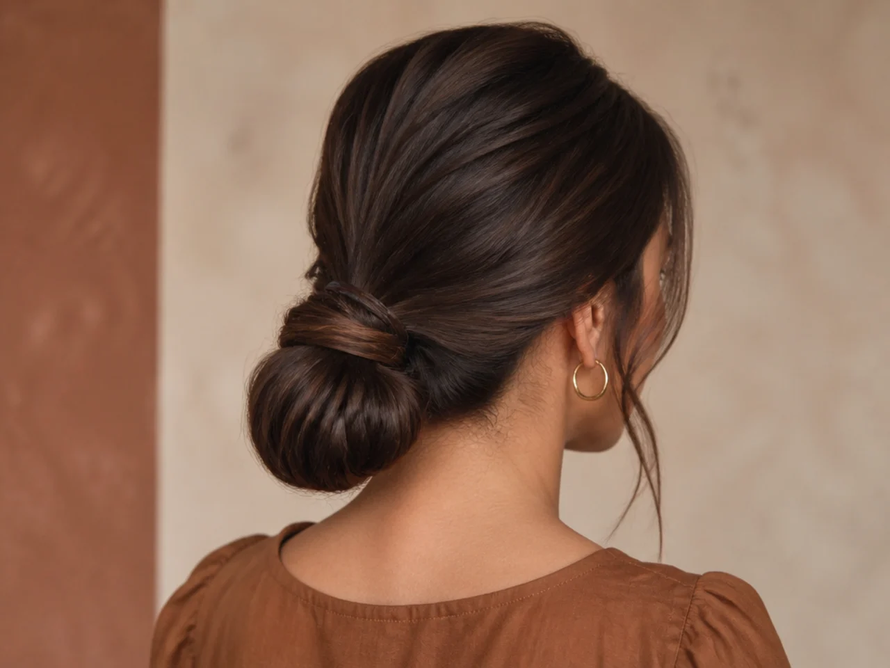 A low bun on thick hair secured with two ties