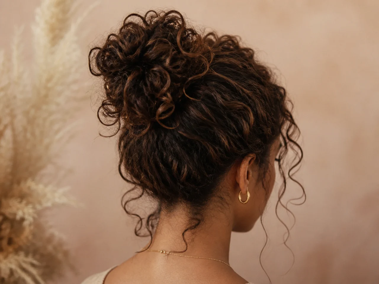 A bun on curly hair gathered without combing