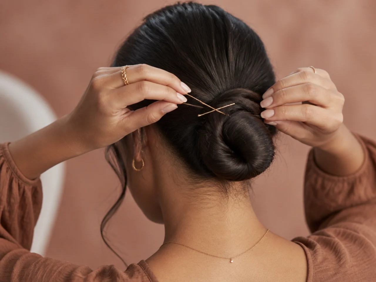 Two pins crossed in an X to lock a bun