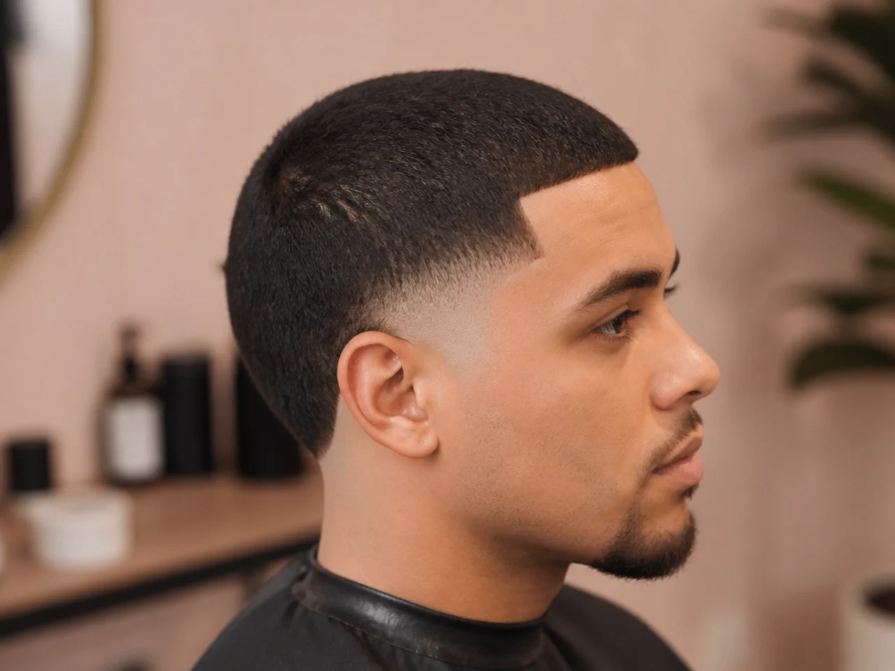 Client checking a fresh burst fade buzz cut in a hand mirror at the end of a barbershop appointment