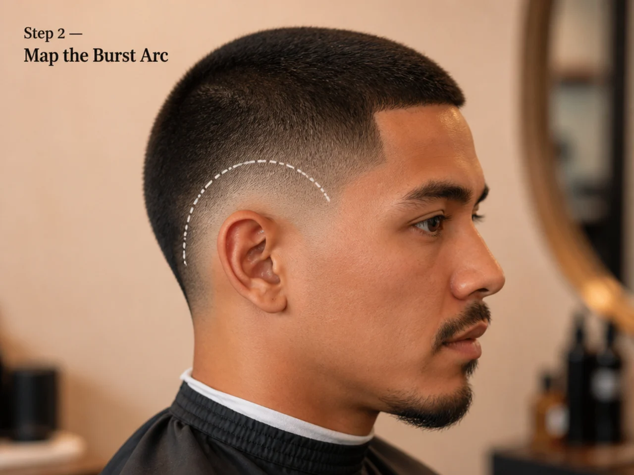 Barber outlining the burst arc around a client's ear with a trimmer, showing the semicircle shape