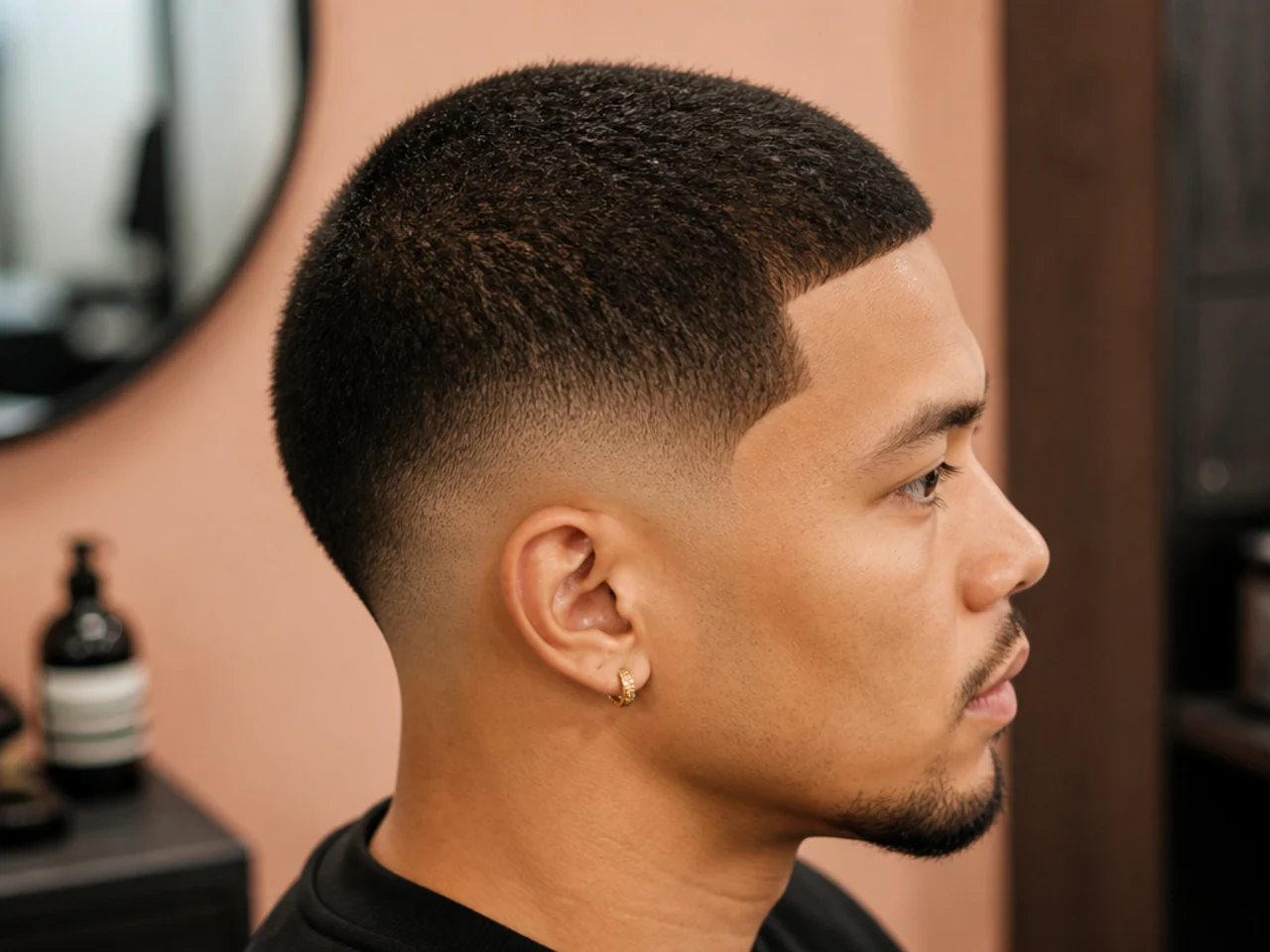 Close-up of clippers flicking outward through the burst fade area to blend from short to longer guards
