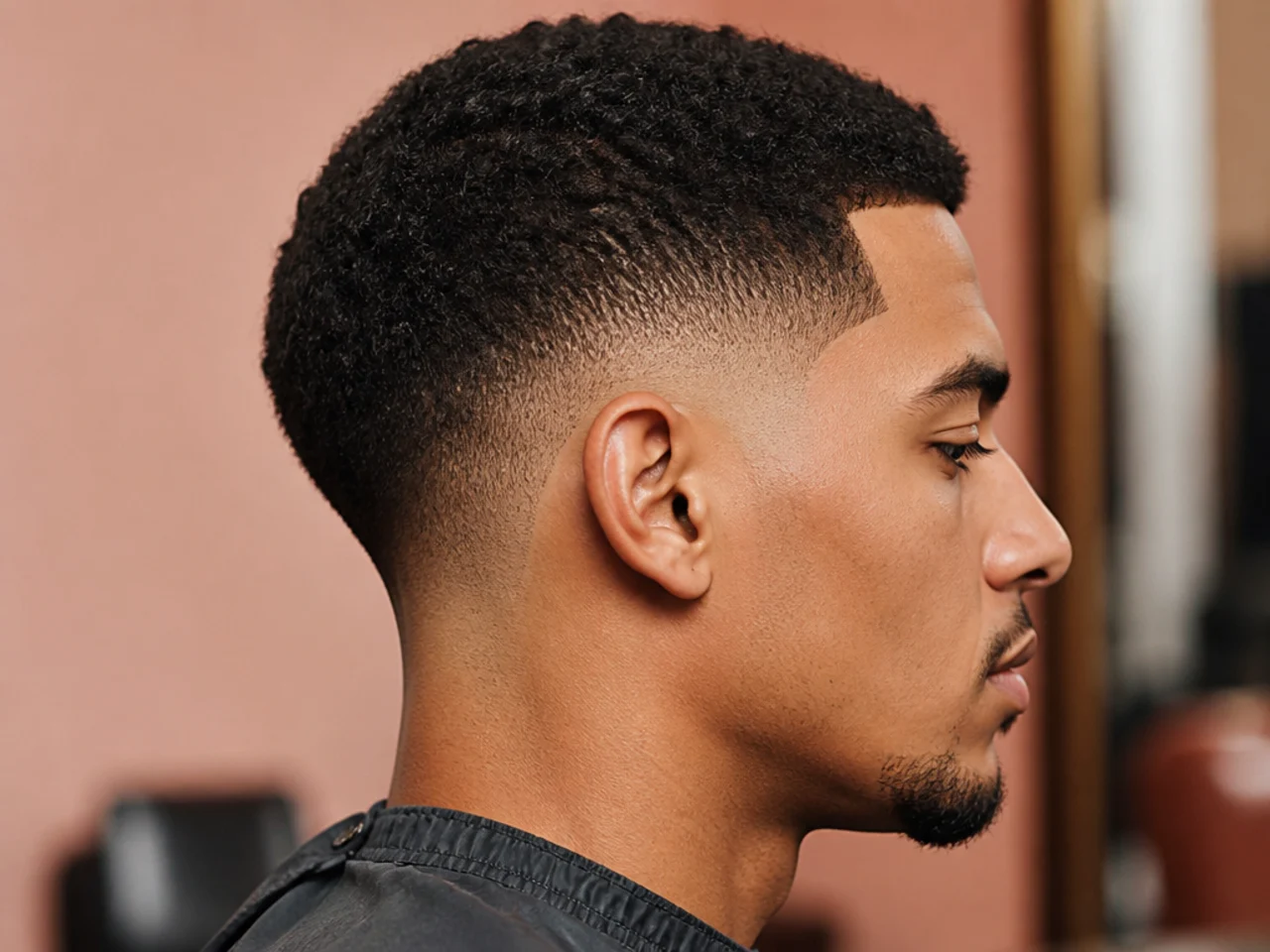 Trimmer cleaning the neckline into a soft taper below a burst fade buzz cut