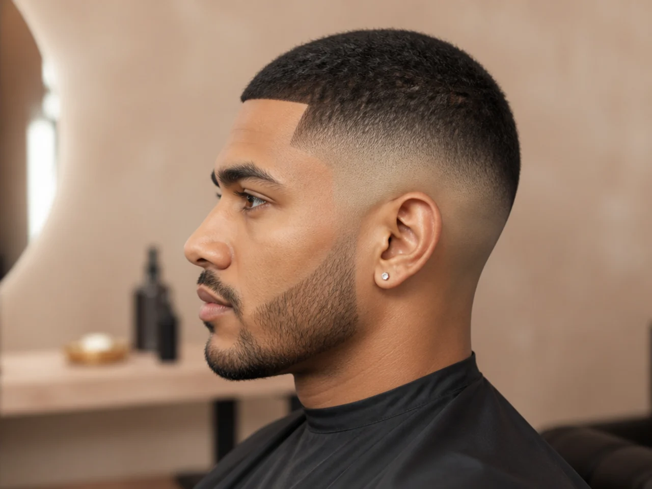 Man rubbing a small amount of matte cream through a freshly cut burst fade buzz cut