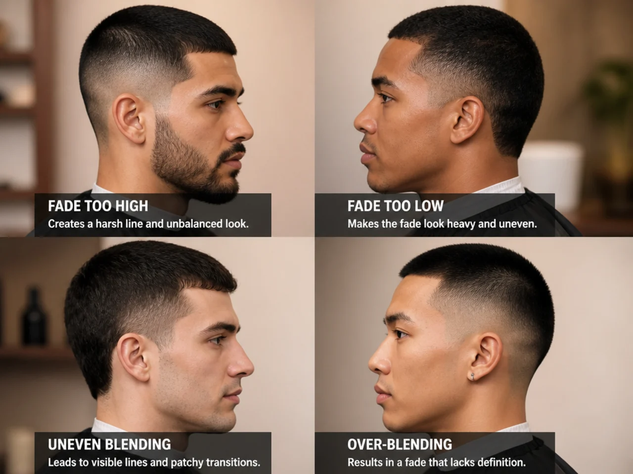 Two side-by-side profile shots showing a bad burst fade with a hard line versus a clean burst fade with a soft blend