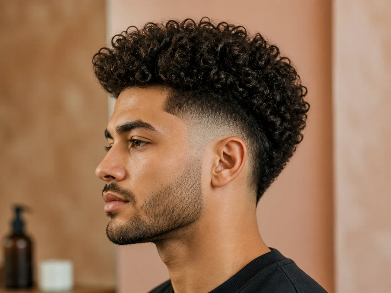 Curly high-top burst fade with a squared-off five-inch curly top and mid burst arc