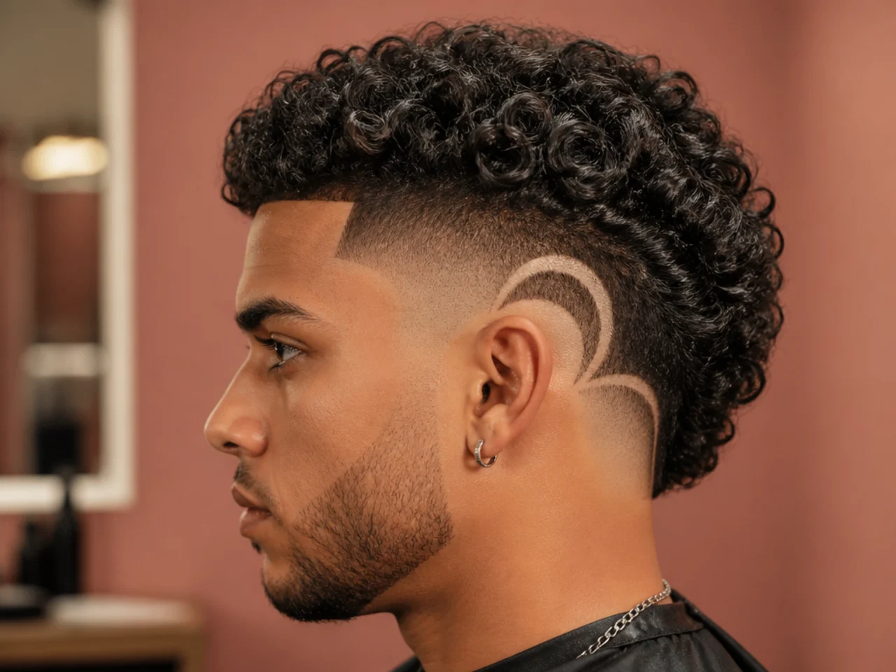 Curly comma burst fade with curled comma-shaped strands falling over the forehead and mid arc