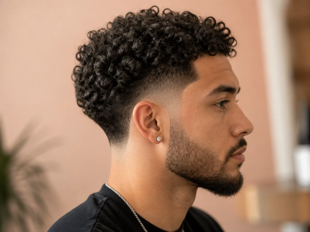 Short curly burst fade with a compact one-inch top of tight 3B coils and low arc