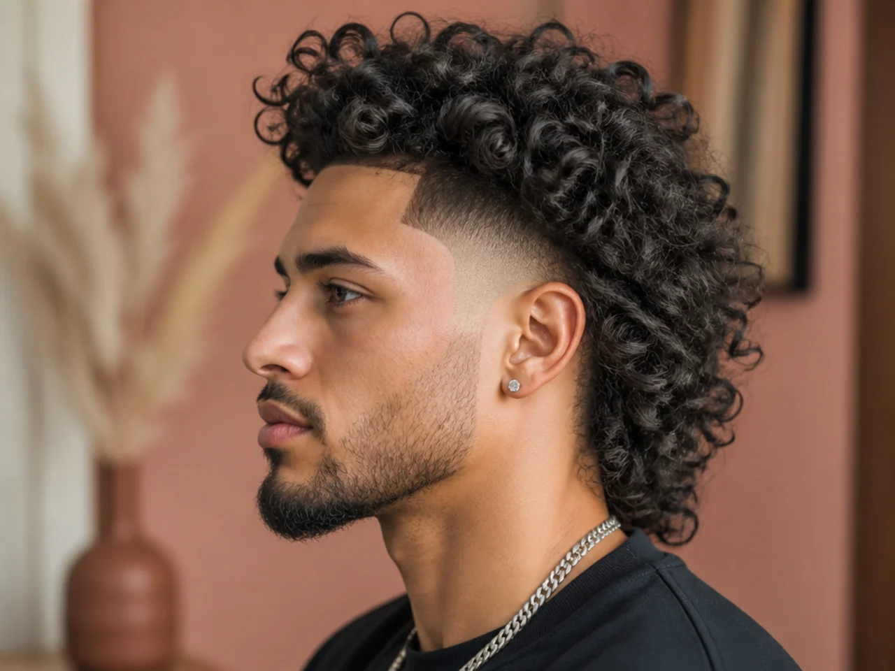 Long curly burst fade with five-inch 3A springy curl length on top and mid arc