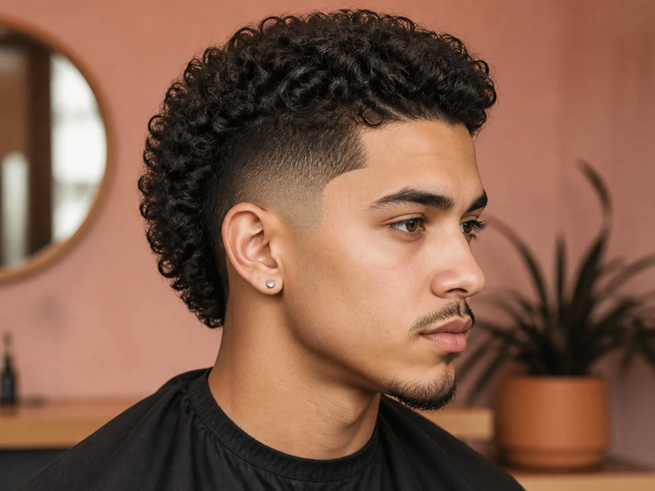 Burst fade on 3A loose Sharpie-sized curls with a mid arc and three-inch top
