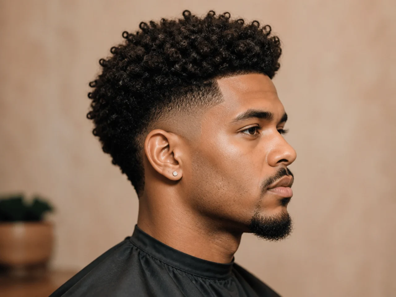 Burst fade on 4A tight coily hair with a skin burst arc and three-inch spring-shaped coils on top