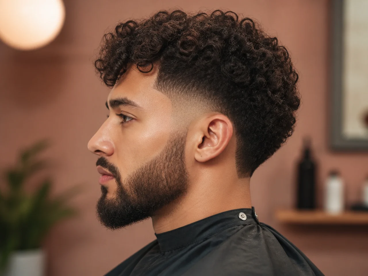Curly burst fade paired with a matched-grade beard on a man in his late twenties with 3B curls