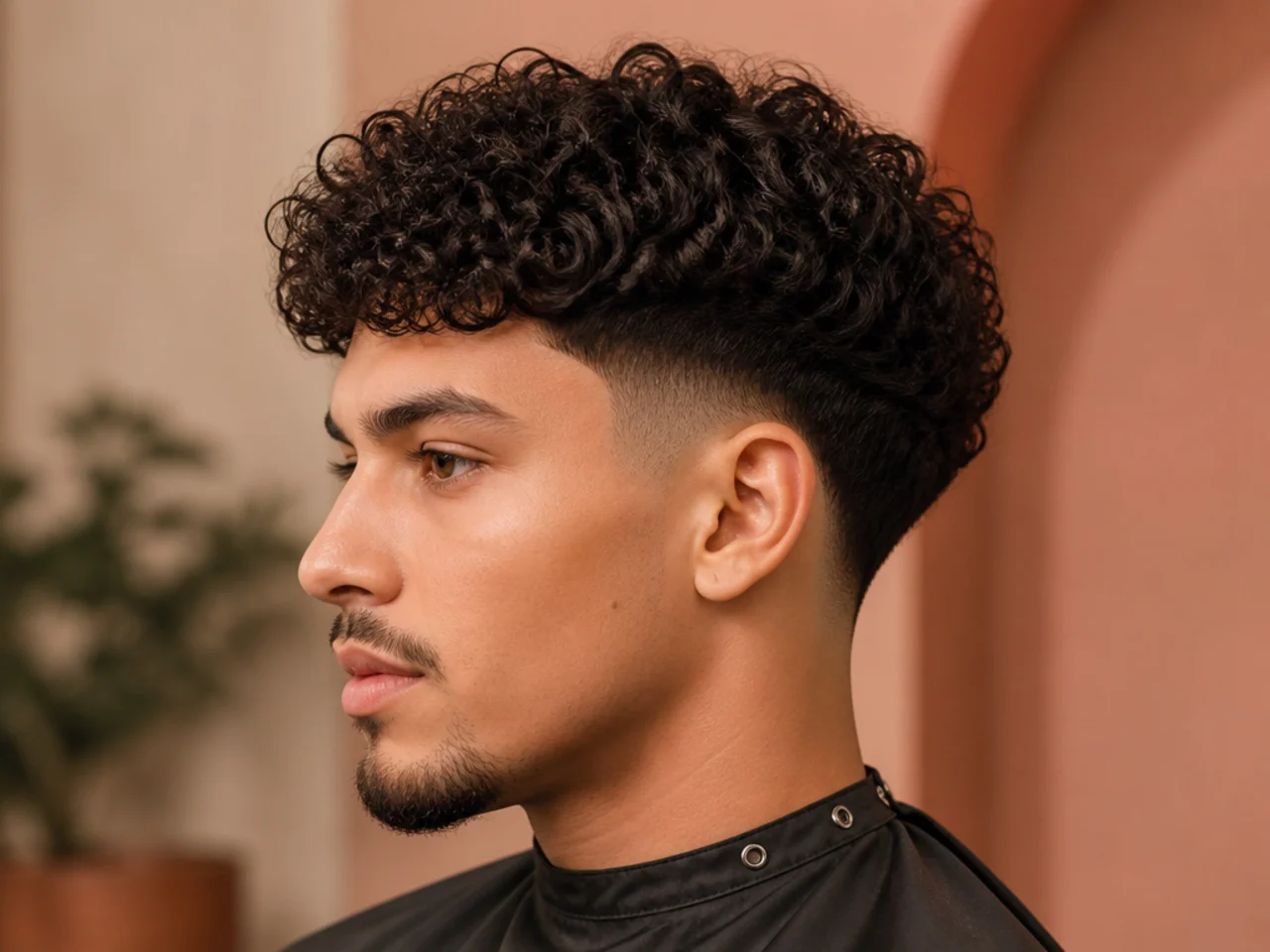 Low burst fade for curly hair with a subtle arc sitting tight to the ear and softly defined curls