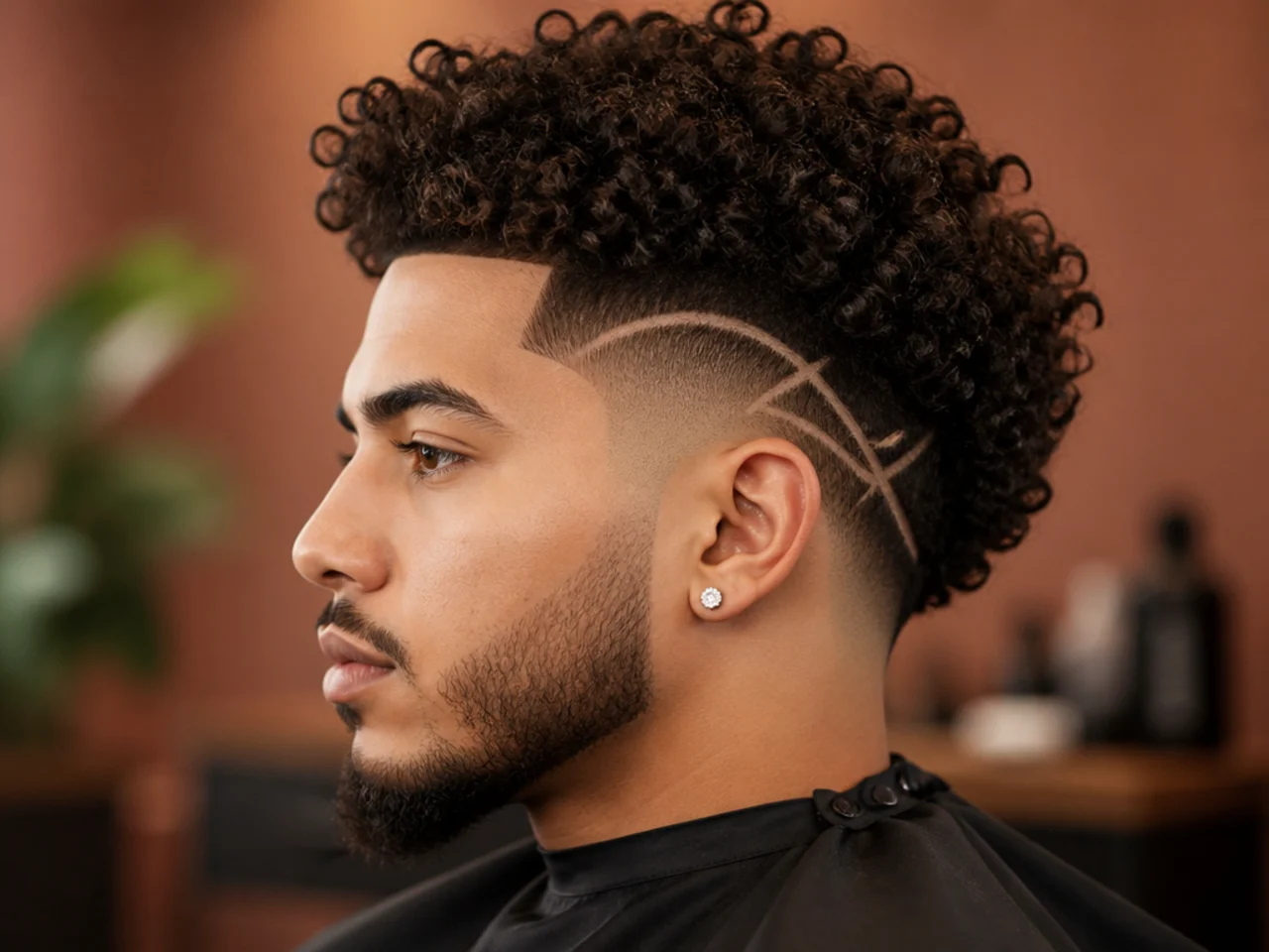 Curly burst fade with a single shaved line design cut through the skin burst arc