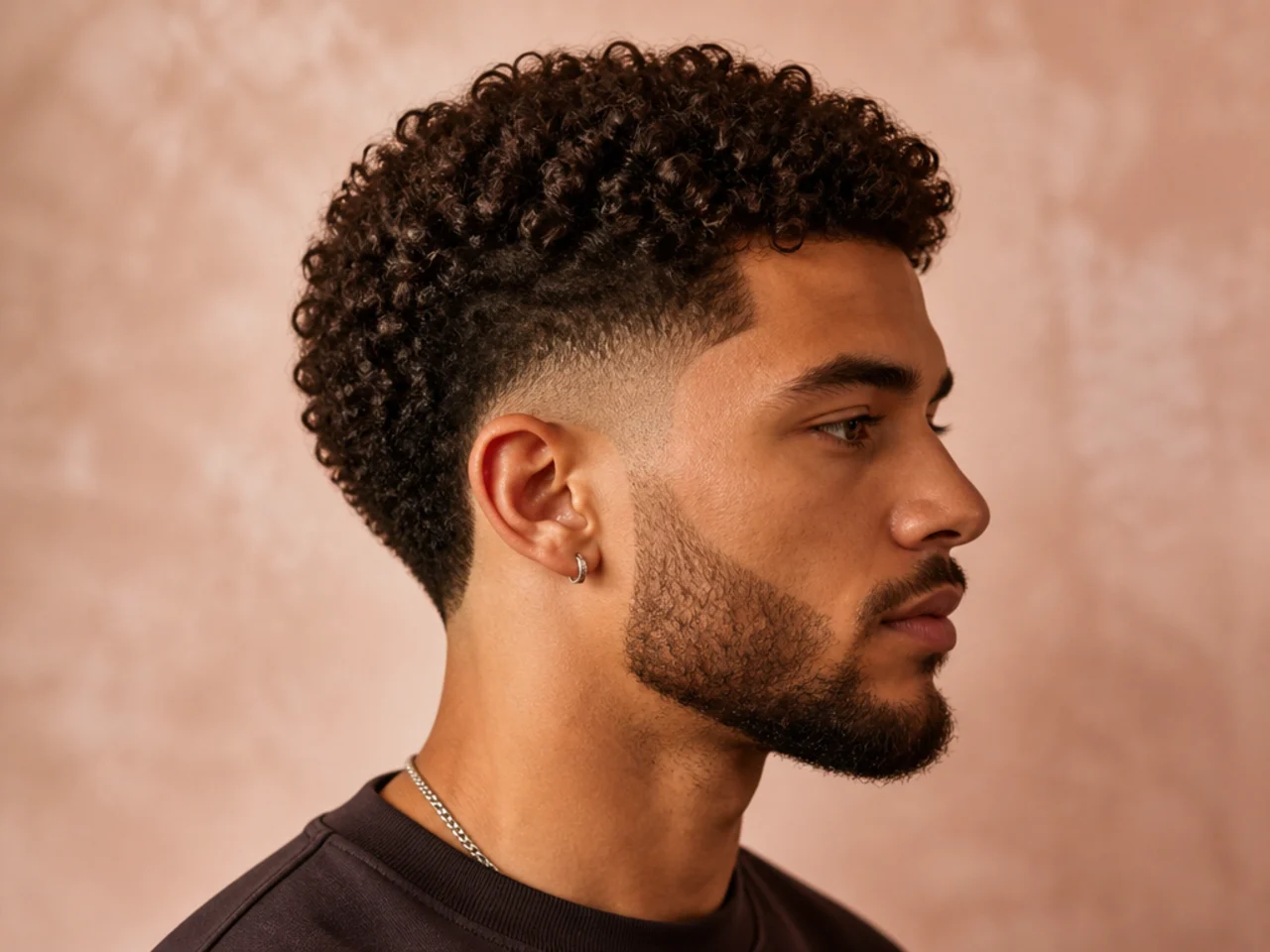 Mid burst fade with the widest arc point at the temple line and springy 3B curls on top
