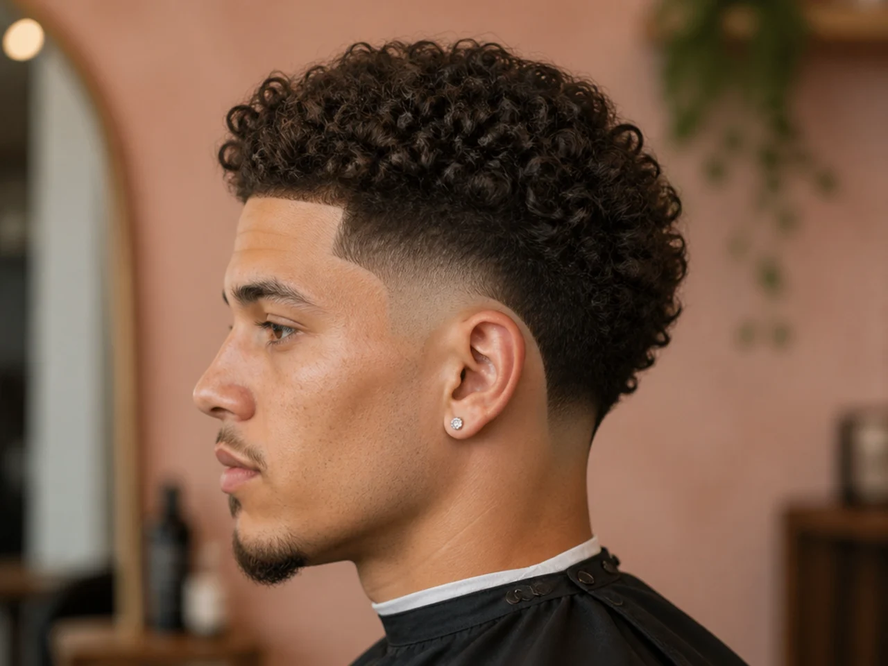 High burst fade climbing to the temple with three-inch tight 3C curls stacked on top