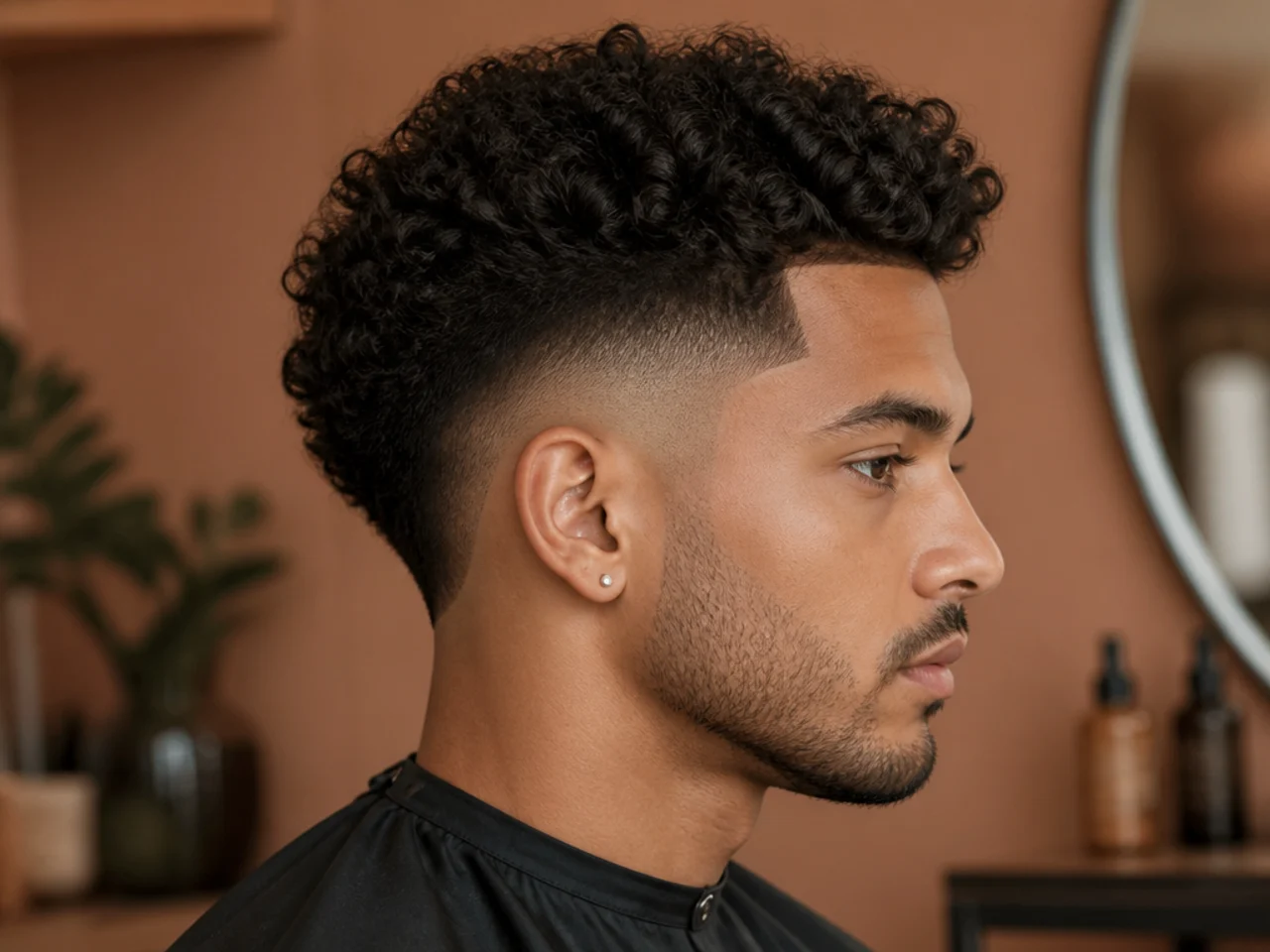 Skin burst fade with the arc taken to bare scalp and a three-inch 3B curly top