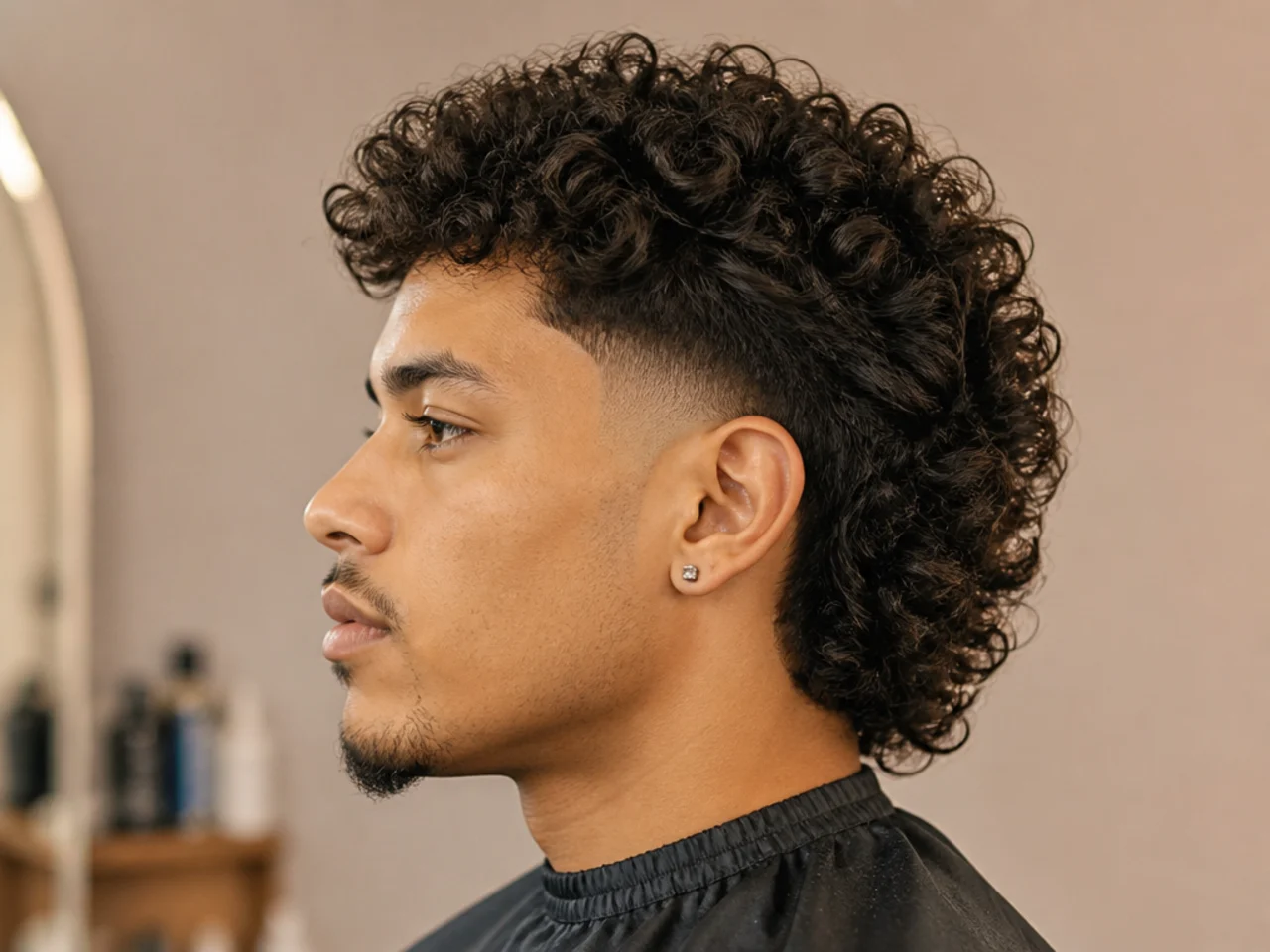 Curly burst fade mullet on a young man with 3A curls on top and layered curl length at the back