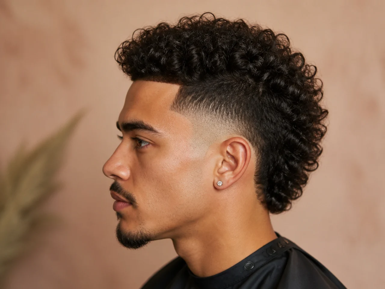 Curly burst fade mohawk with double skin bursts framing a strip of tight coily curls