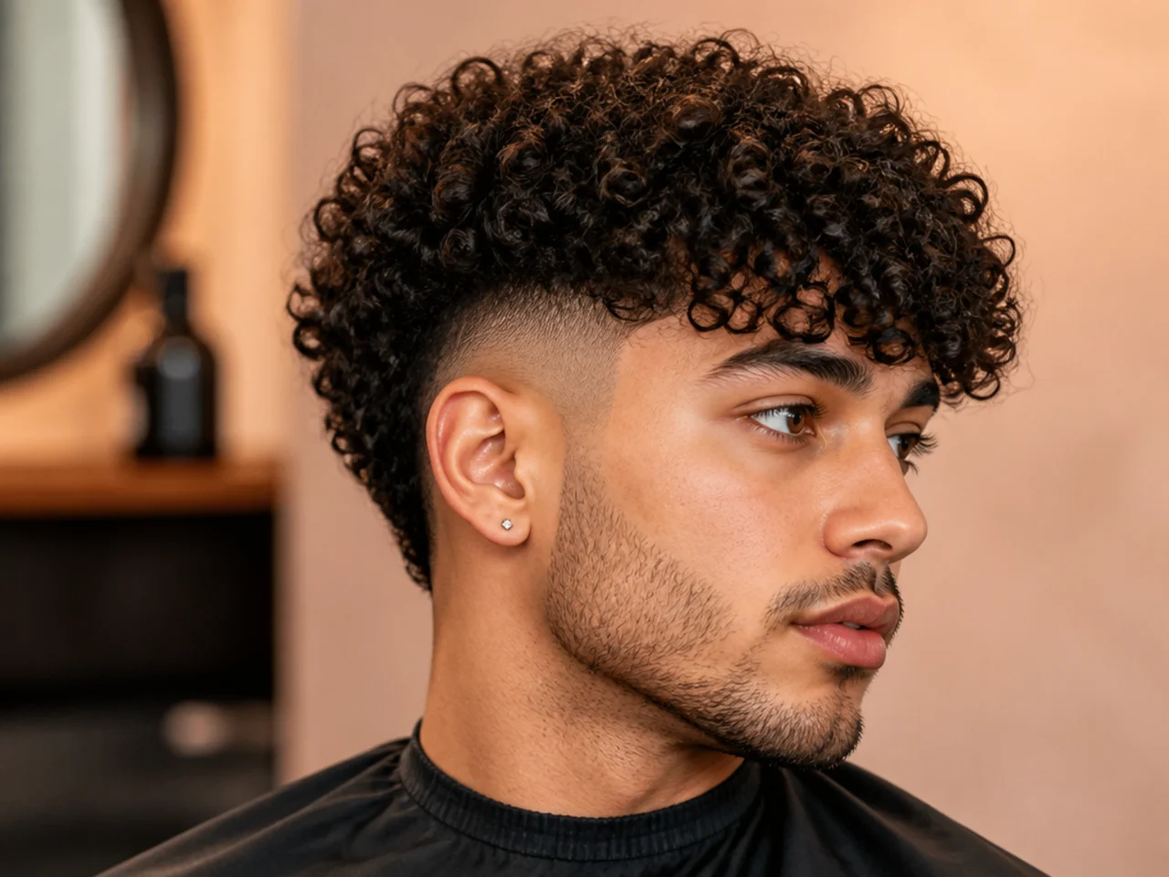 Curly burst fade with a curly fringe falling forward over the forehead and mid arc