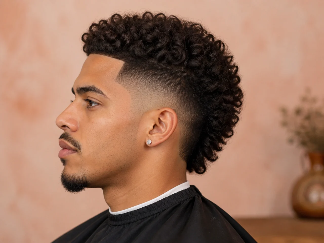 Curly burst fade faux hawk with mid arc and curls styled up into a soft central peak
