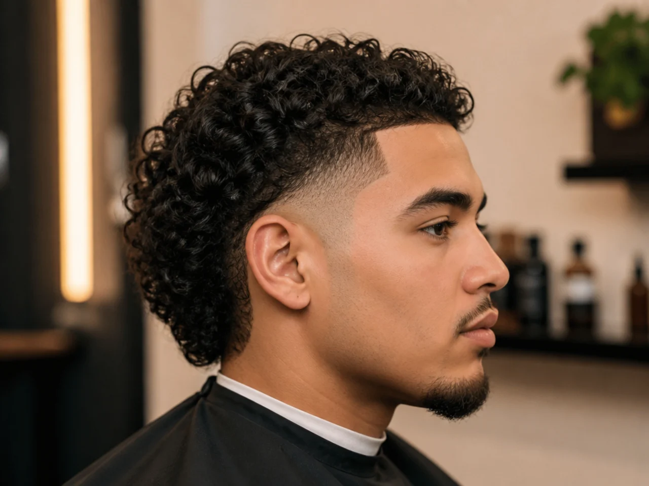 Barber and client discussing a curly burst fade reference photo in a modern barbershop