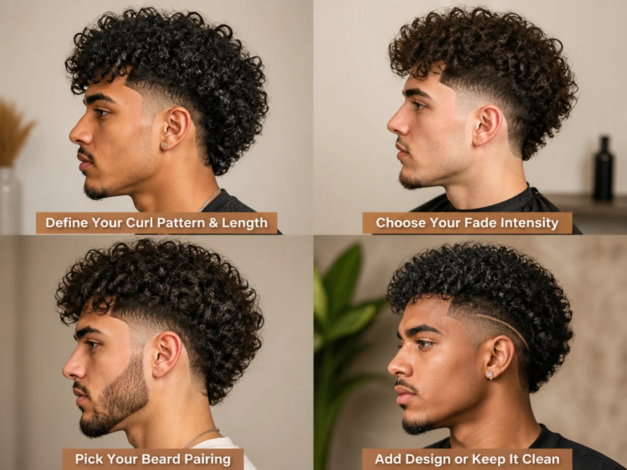 Three young men side by side showing low, mid, and high burst fade options on curly hair
