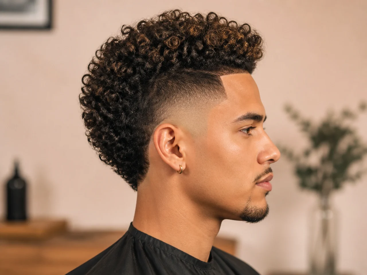 Curly burst fade styling kit laid out on a warm surface — leave-in, curl cream, wide-tooth pick, and diffuser